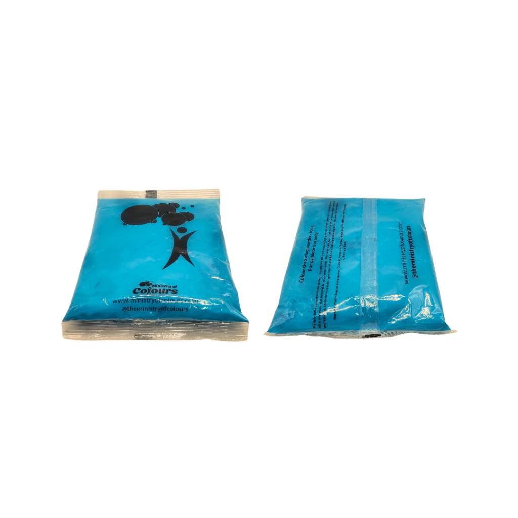 A bag of blue colour powder from Ministry Of Colours on white background.