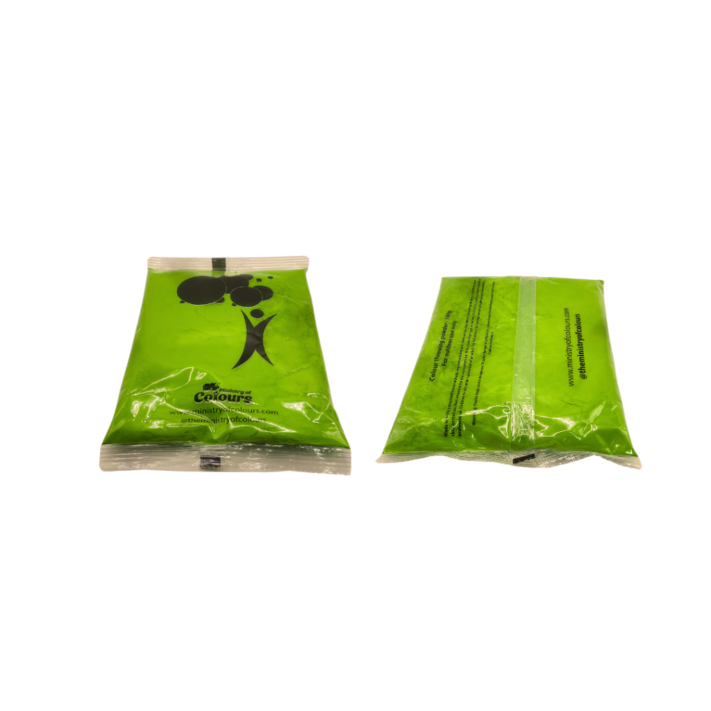 A bag of green colour powder from Ministry Of Colours on white background.