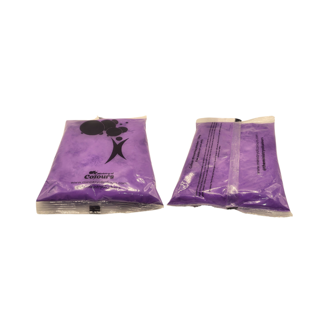 A bag of purple colour powder from Ministry Of Colours on white background.