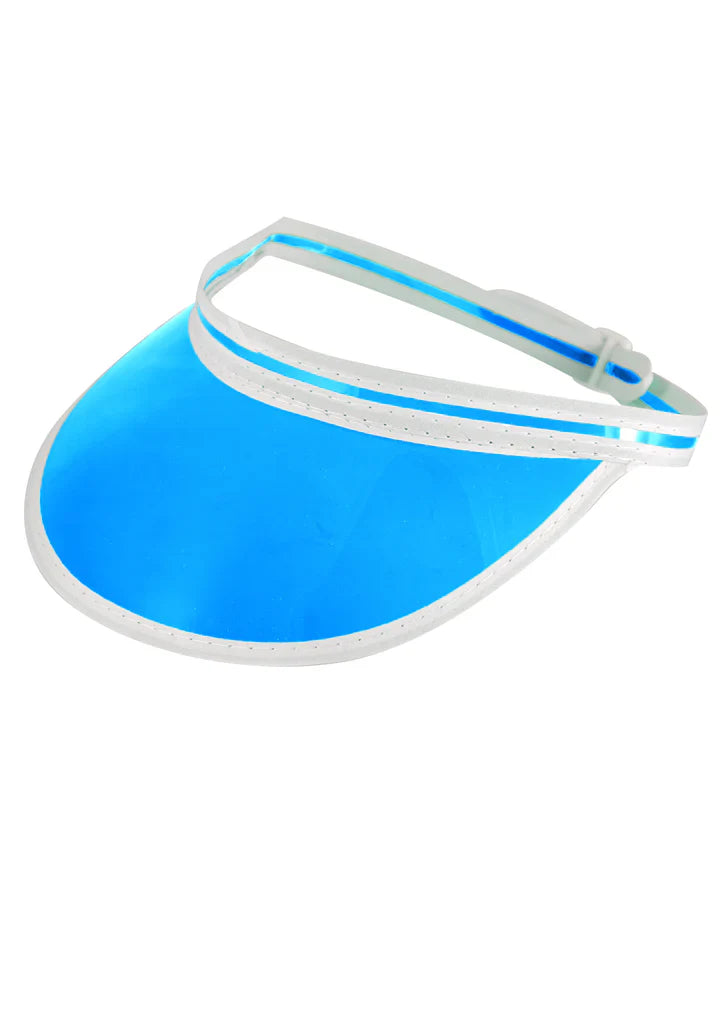 Blue visor hat with a white strap on a white background.