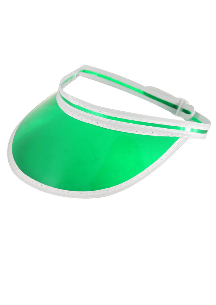 Green visor hat with a white strap on a white background.