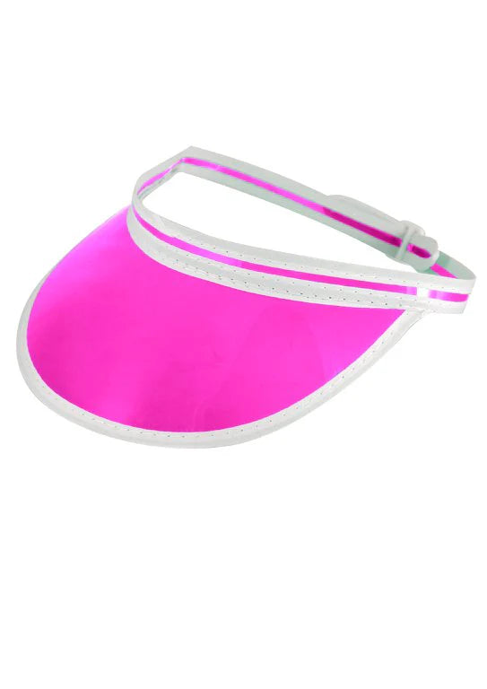 Pink visor hat with a white strap on a white background.
