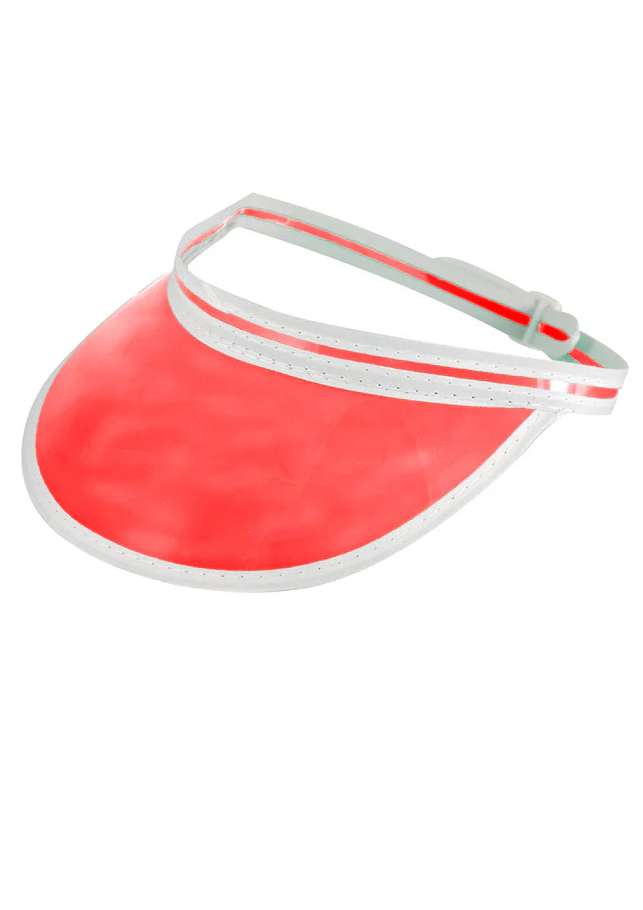 Red visor hat with a white strap on a white background.