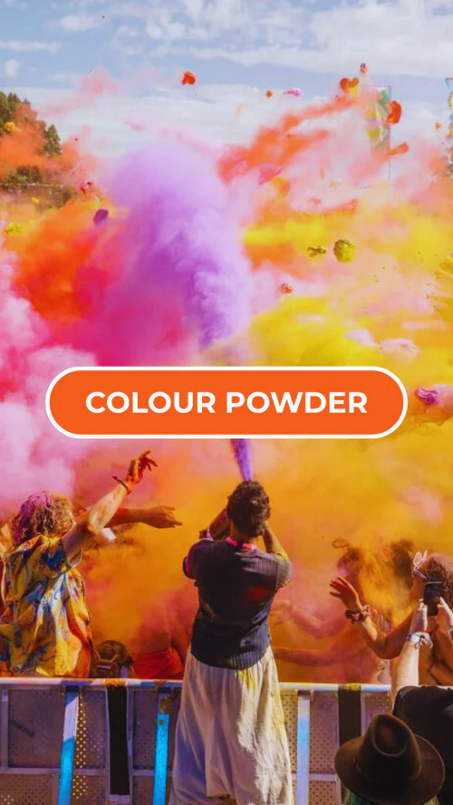 People playing with colorful powder in at a festival with 'COLOUR POWDER' text overlay.