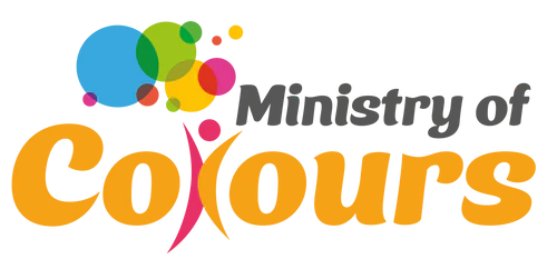 Logo of 'Ministry of Colours' with colourful circles above the text and no background.